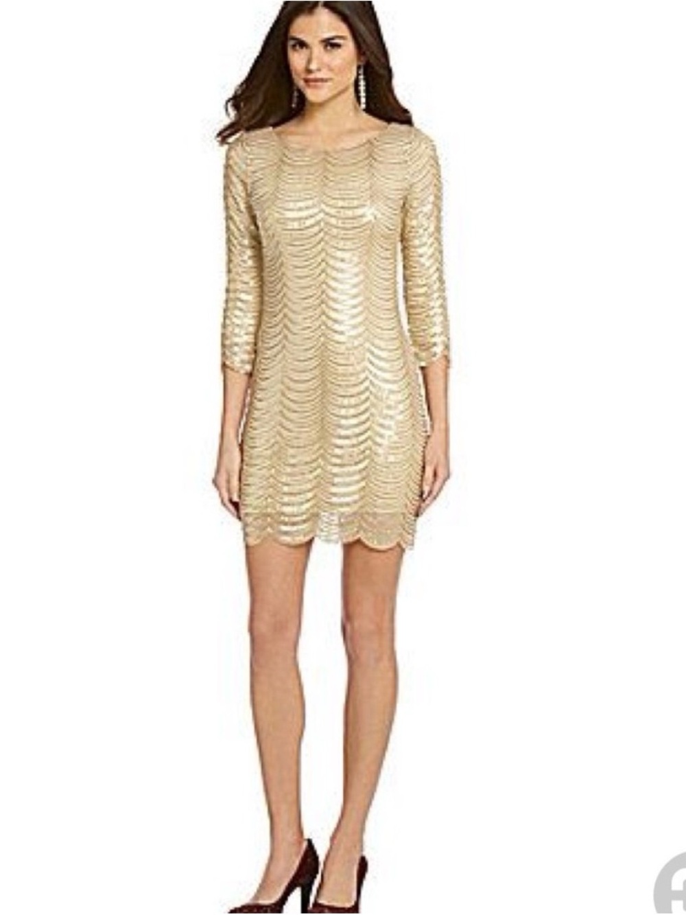 Gianni Bini Champagne Rose Gold Scalloped Sequin Long Sleeve Dress Medium